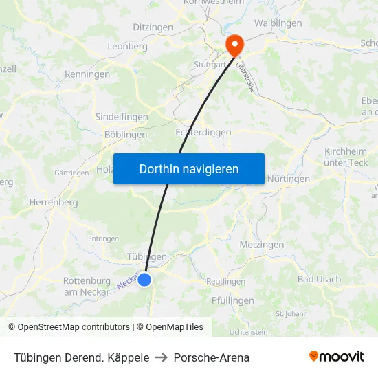 Tübingen Derend. Käppele to Porsche-Arena map