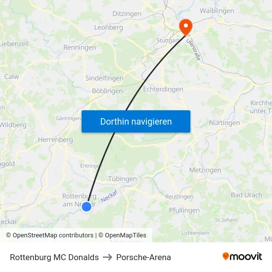 Rottenburg MC Donalds to Porsche-Arena map