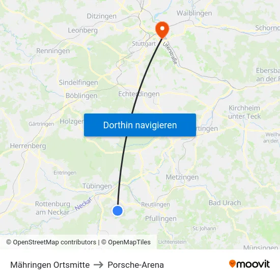 Mähringen Ortsmitte to Porsche-Arena map