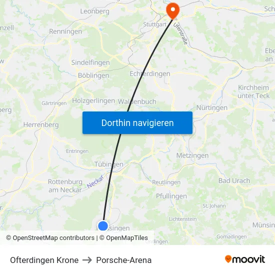 Ofterdingen Krone to Porsche-Arena map