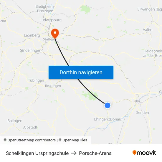 Schelklingen Urspringschule to Porsche-Arena map