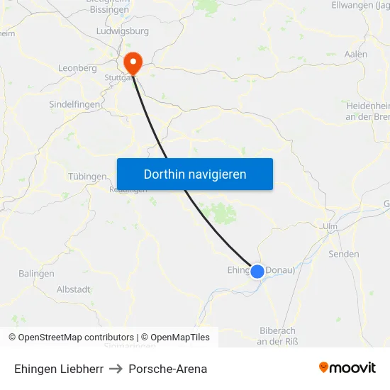 Ehingen Liebherr to Porsche-Arena map