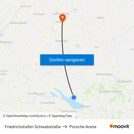 Friedrichshafen Schwabstraße to Porsche-Arena map