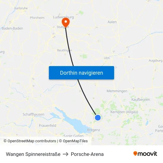 Wangen Spinnereistraße to Porsche-Arena map