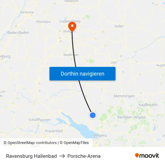 Ravensburg Hallenbad to Porsche-Arena map