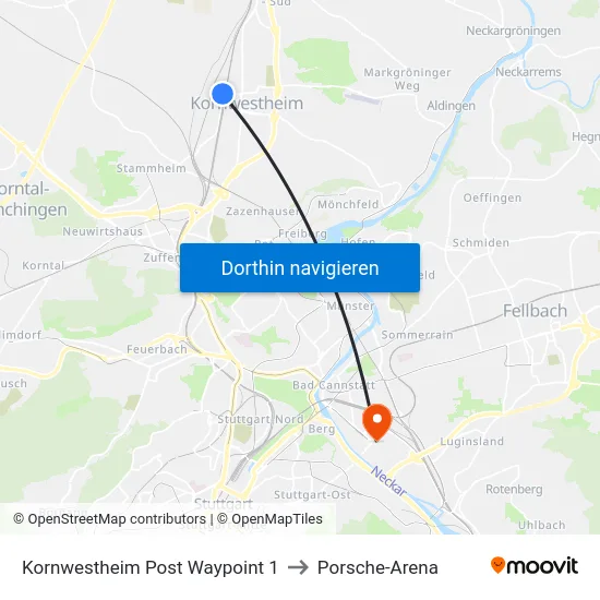 Kornwestheim Post Waypoint 1 to Porsche-Arena map