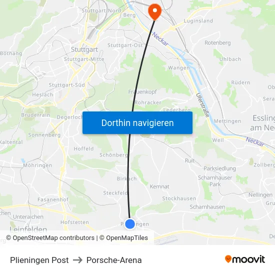 Plieningen Post to Porsche-Arena map
