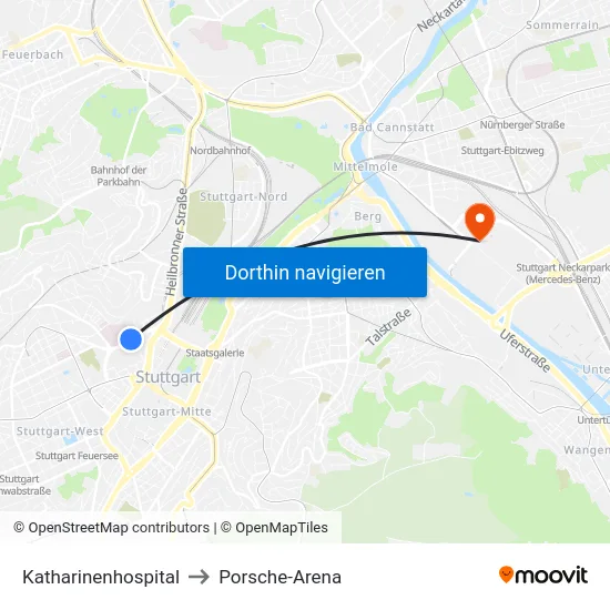 Katharinenhospital to Porsche-Arena map