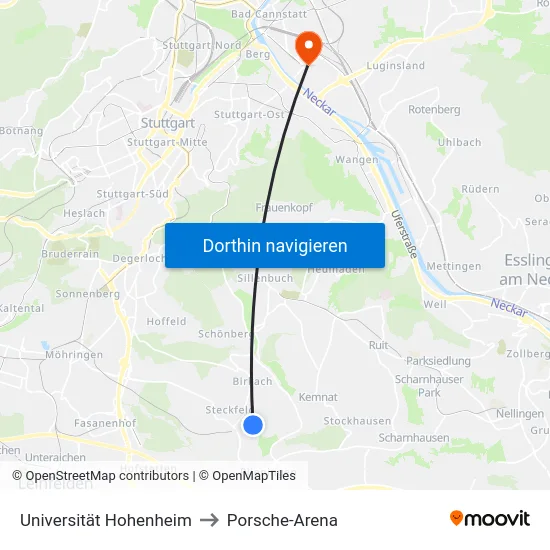 Universität Hohenheim to Porsche-Arena map