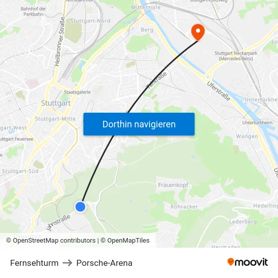 Fernsehturm to Porsche-Arena map
