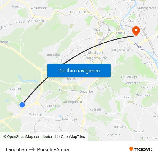 Lauchhau to Porsche-Arena map
