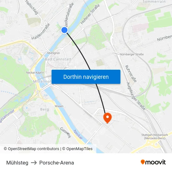 Mühlsteg to Porsche-Arena map