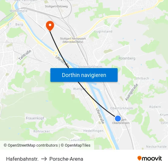 Hafenbahnstr. to Porsche-Arena map