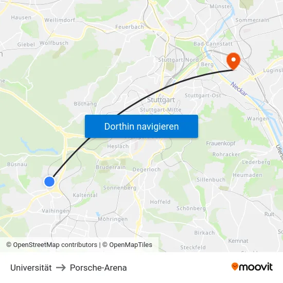 Universität to Porsche-Arena map