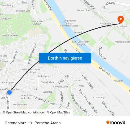 Ostendplatz to Porsche-Arena map