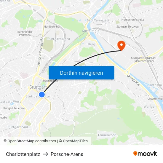 Charlottenplatz to Porsche-Arena map