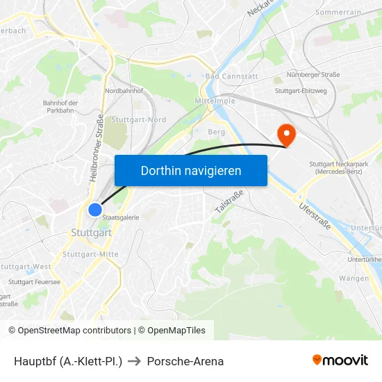 Hauptbf (A.-Klett-Pl.) to Porsche-Arena map