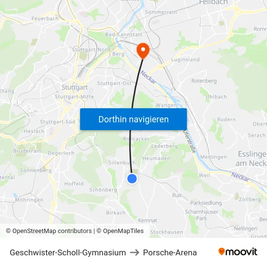 Geschwister-Scholl-Gymnasium to Porsche-Arena map