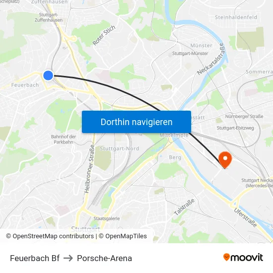 Feuerbach Bf to Porsche-Arena map