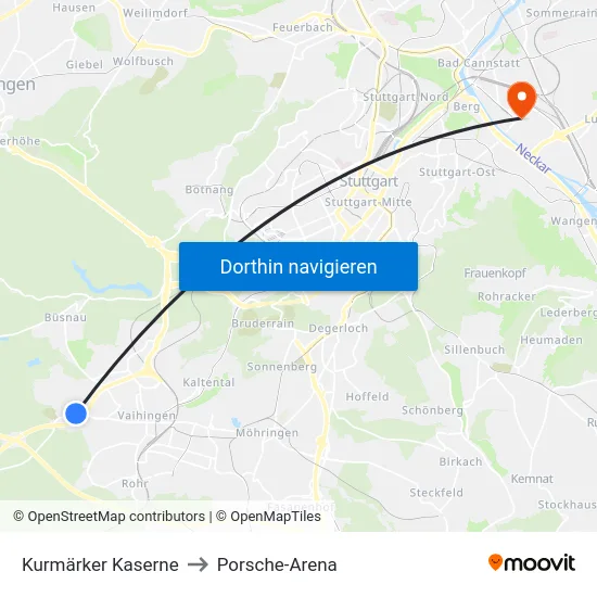 Kurmärker Kaserne to Porsche-Arena map