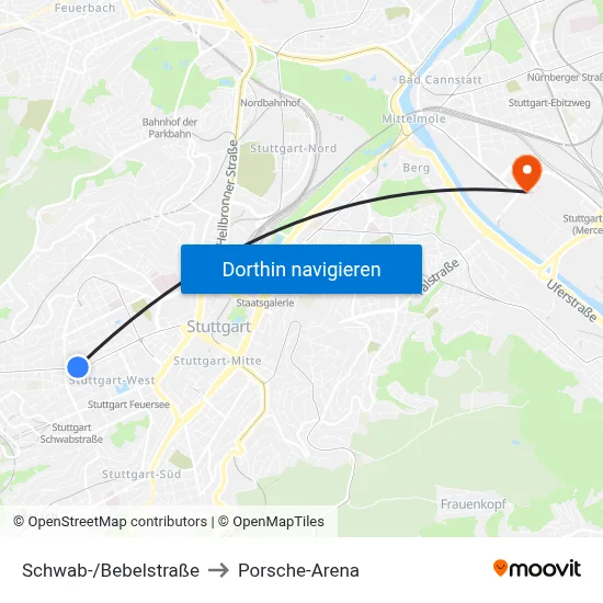 Schwab-/Bebelstraße to Porsche-Arena map