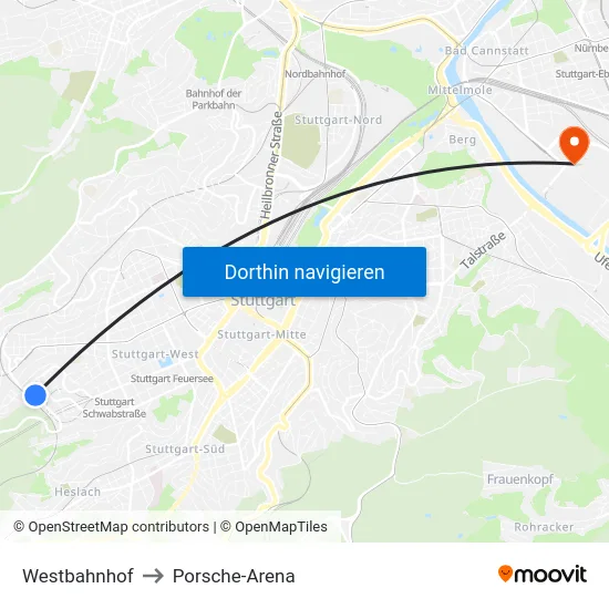 Westbahnhof to Porsche-Arena map