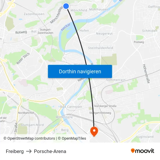 Freiberg to Porsche-Arena map