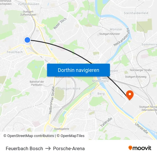 Feuerbach Bosch to Porsche-Arena map