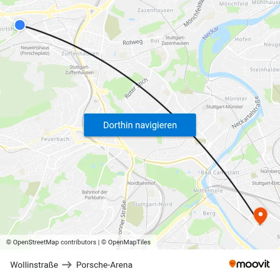 Wollinstraße to Porsche-Arena map