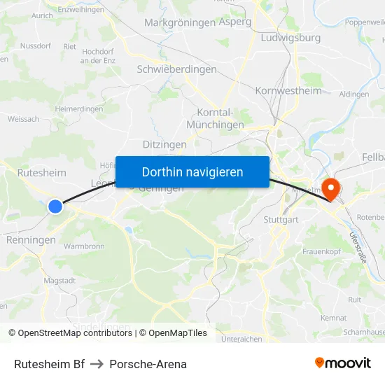 Rutesheim Bf to Porsche-Arena map