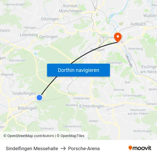 Sindelfingen Messehalle to Porsche-Arena map
