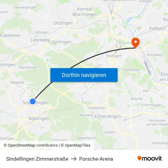 Sindelfingen Zimmerstraße to Porsche-Arena map