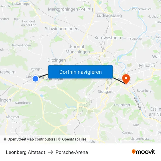 Leonberg Altstadt to Porsche-Arena map