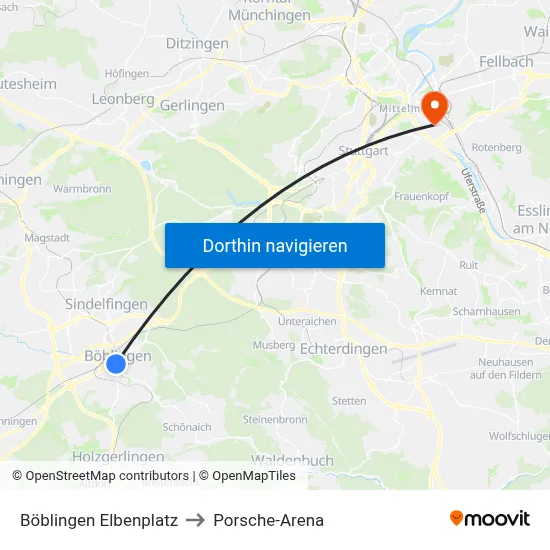 Böblingen Elbenplatz to Porsche-Arena map
