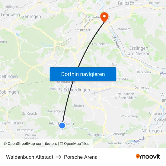 Waldenbuch Altstadt to Porsche-Arena map