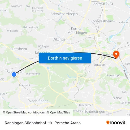 Renningen Südbahnhof to Porsche-Arena map