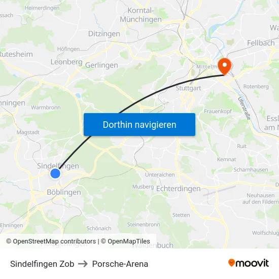 Sindelfingen Zob to Porsche-Arena map