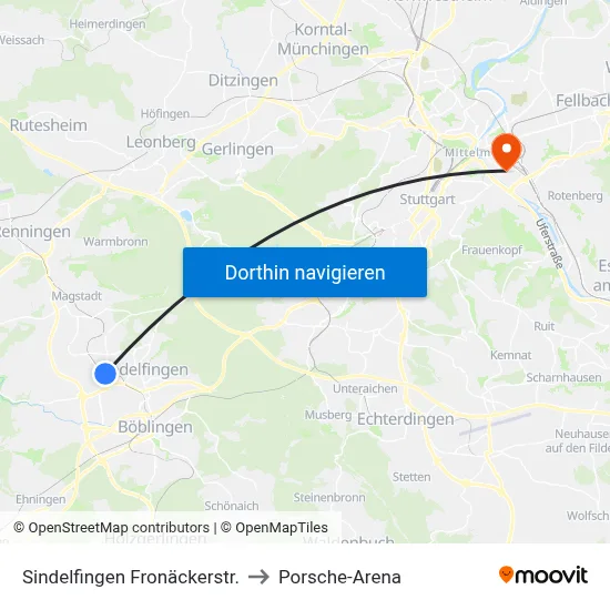Sindelfingen Fronäckerstr. to Porsche-Arena map