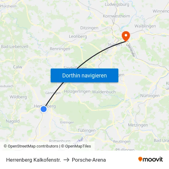 Herrenberg Kalkofenstr. to Porsche-Arena map