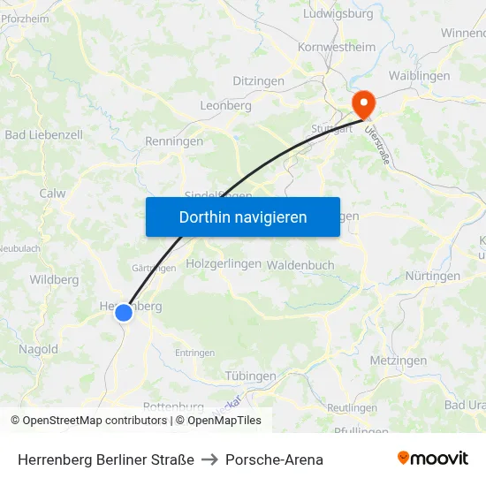 Herrenberg Berliner Straße to Porsche-Arena map