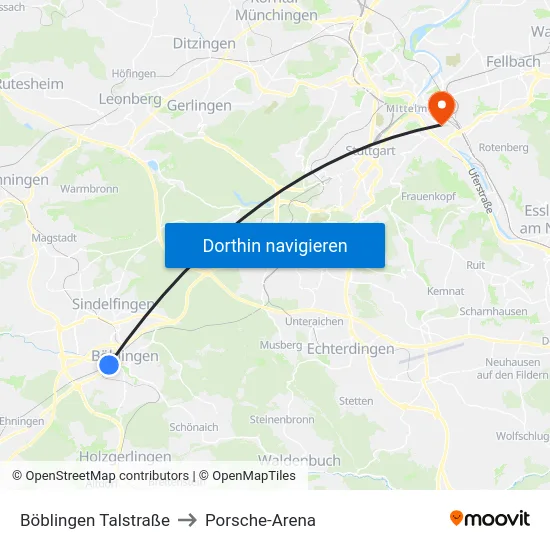 Böblingen Talstraße to Porsche-Arena map