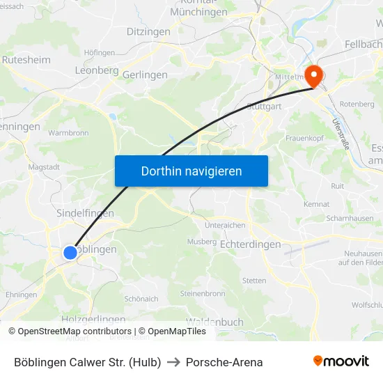 Böblingen Calwer Str. (Hulb) to Porsche-Arena map