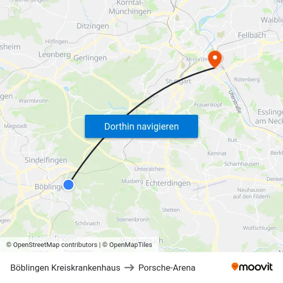 Böblingen Kreiskrankenhaus to Porsche-Arena map