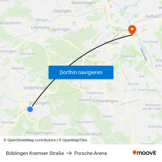 Böblingen Kremser Straße to Porsche-Arena map
