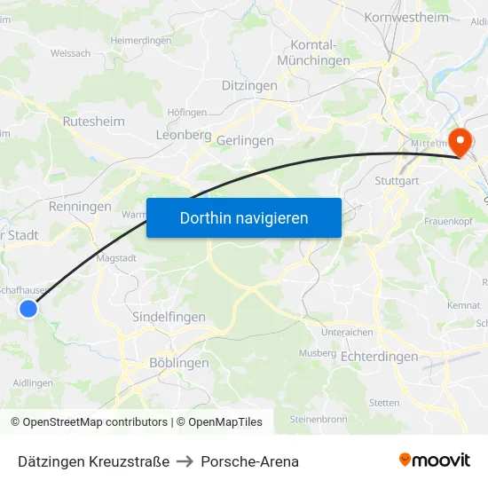 Dätzingen Kreuzstraße to Porsche-Arena map