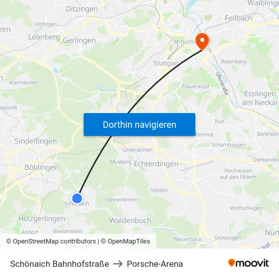 Schönaich Bahnhofstraße to Porsche-Arena map