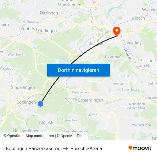 Böblingen Panzerkaserne to Porsche-Arena map