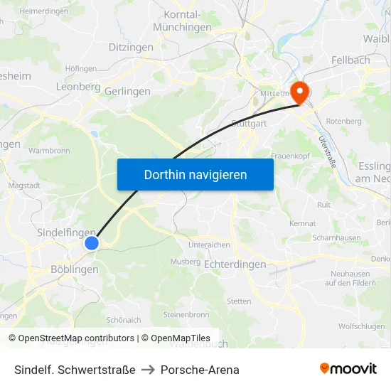 Sindelf. Schwertstraße to Porsche-Arena map