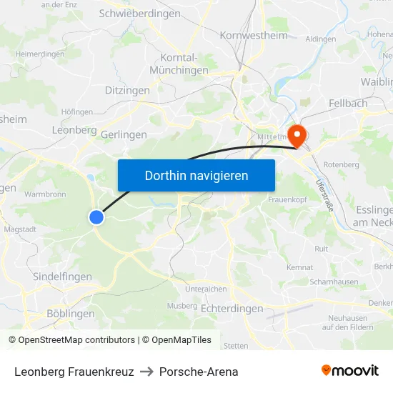 Leonberg Frauenkreuz to Porsche-Arena map