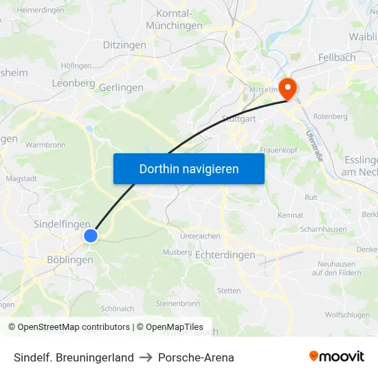 Sindelf. Breuningerland to Porsche-Arena map